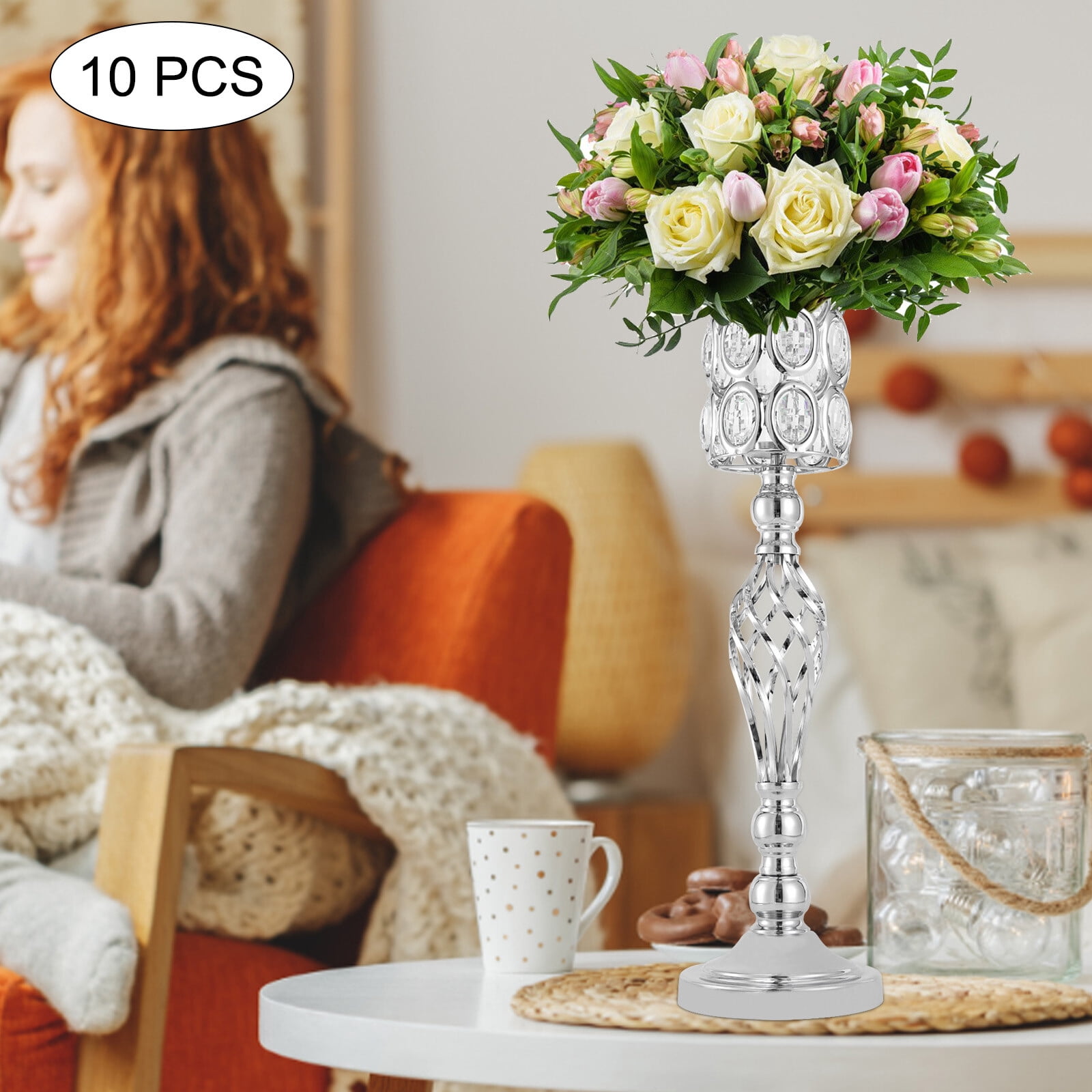 10Pcs Crystal Wedding Centerpieces for Tables, 24in Height Tall Metal 10Pcs Crystal Wedding Centerpieces for Tables, 24in Height Tall Metal