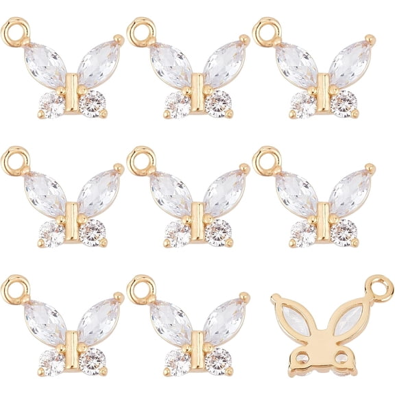 10Pcs Cubic Zirconia Double Butterfly Charms 14K Gold Plated Brass Micro Pave CZ Rhinestone Pendants Hanging Dangle End Charms with Loop for Jewelry Making Clear