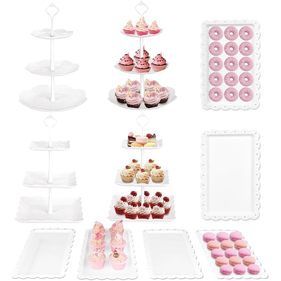 10Pcs Cupcake Stand,Dessert Table Display Set, 4 White 3 Tired Cake Stand 6 Plastic Serving Trays for Party Cookie Rack Desert Tower Holder for Wedding Decor Baby Shower Tea Party Decorations