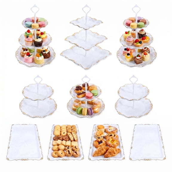 JEPISADI 10-Piece Gold Rim Plastic Cupcake and Dessert Stand Set with 3 Three-Tier Stands 3 Two-Tier Stands and 4 Appetizer Trays