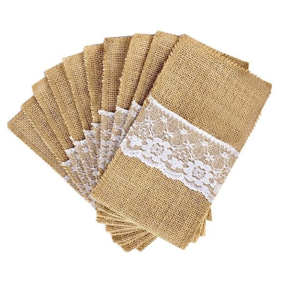 10Pcs Cutlery Bags Wedding Decors Jute Cloth Lace Tableware Holders Bags