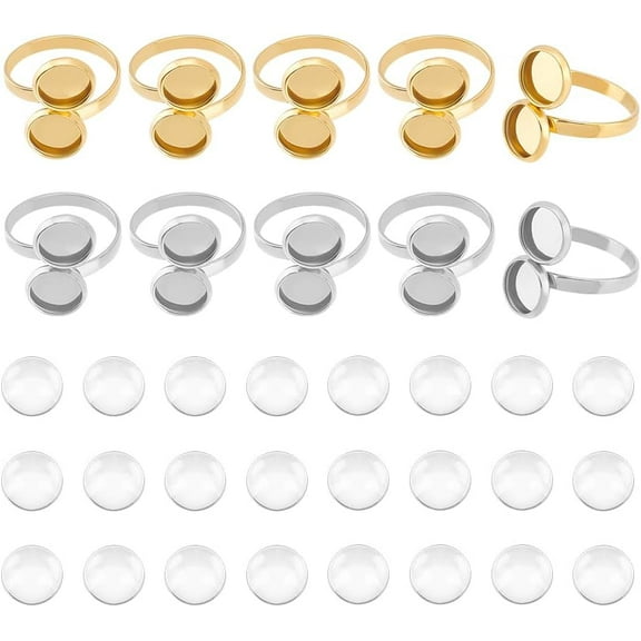 10Pcs DIY Blank Dome Cuff Ring Making Kit 304 Stainless Steel Bezel Cup Cuff Ring Settings Round Ring Blanks Settings Frame Double Tray Bezel Glass Cabochons for Jewelry Making