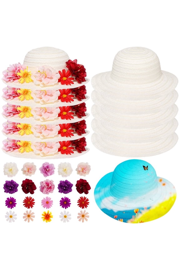 10Pcs DIY Straw Hats with 60Pcs Silk Flowers, DIY Tea Party Hats, Fake Flowers Heads Cowboy Hats, Artificial Flowers Family Dress Up Hats