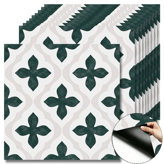 10Pcs Dark Green Floral Peel and Stick Floor Tiles, 12x12in Covers 10 Sq. Ft. SelfAdhesive DIY Vinyl Flooring, Removable and Waterproof Sticker for Bathroom, Kitchen, Living Room, Staircase