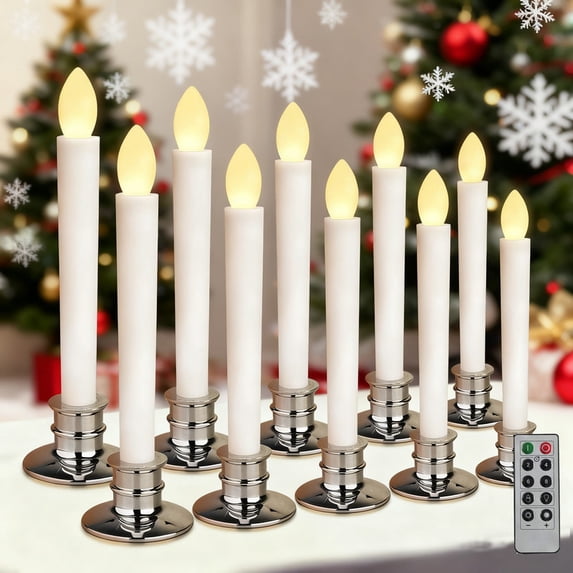 10Pcs Dawn to Dusk Window Candles, Battery Operated Candlesticks, Flickering Flameless LED Taper Candles for Christmas Wedding Home Decor