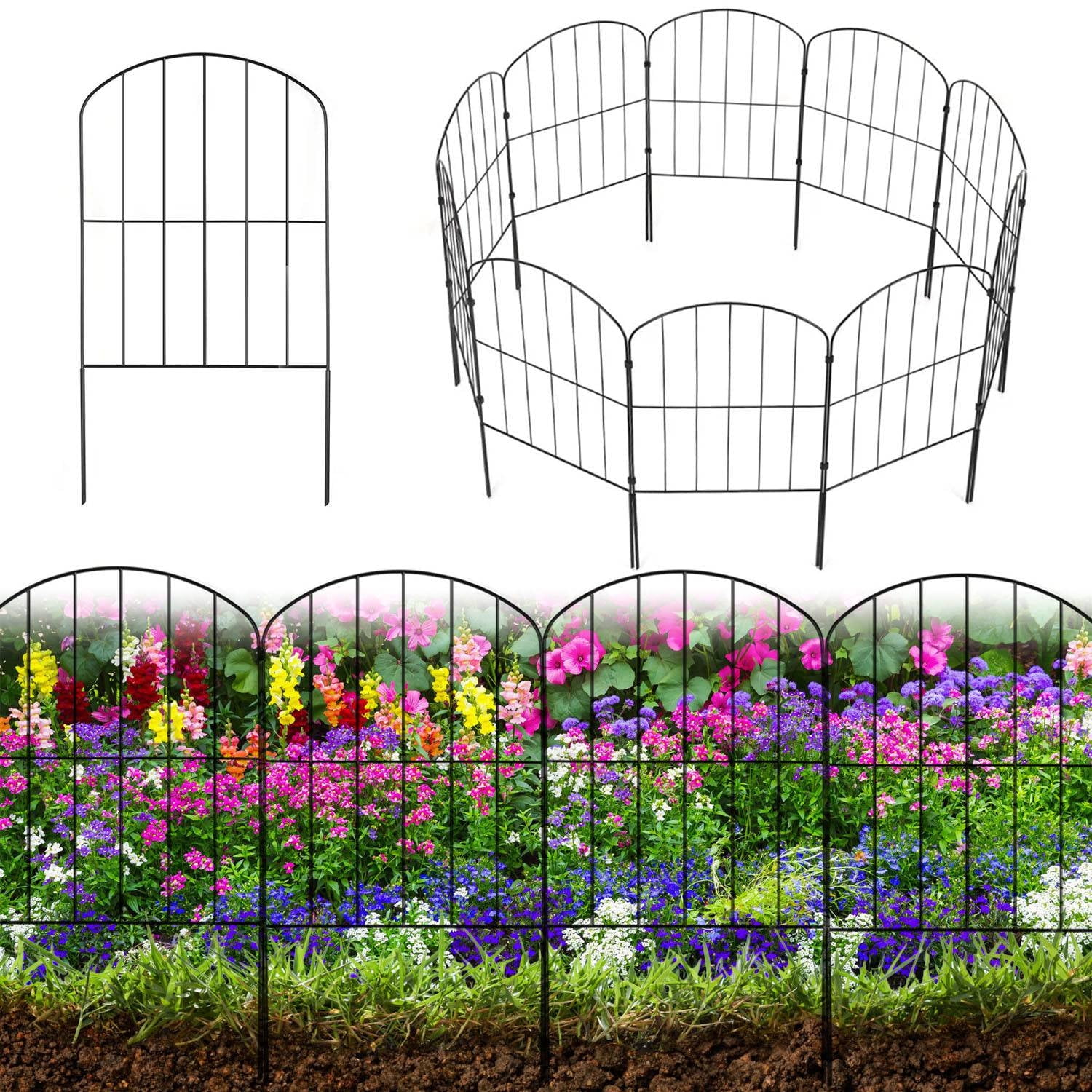 Black Metal Decorative Garden Fence Panels, 10 Pack, 10ft x 24in