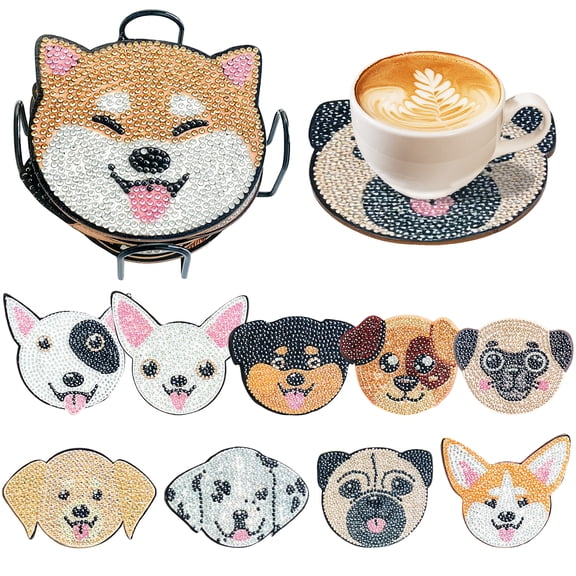 10Pcs Diamond Art Coaster Kit with Holder, DIY Diamond Painting Coasters for Beginners, Sparkly Gem Craft Supplies for Home Decor(Puppy)
