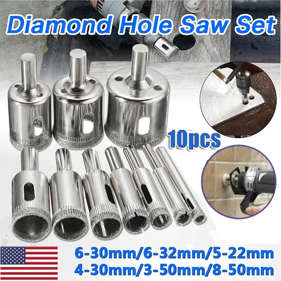 10Pcs Diamond Hole Saw Drill Bit Set Maker Cutter Glass Ceramic Tile Porcelain