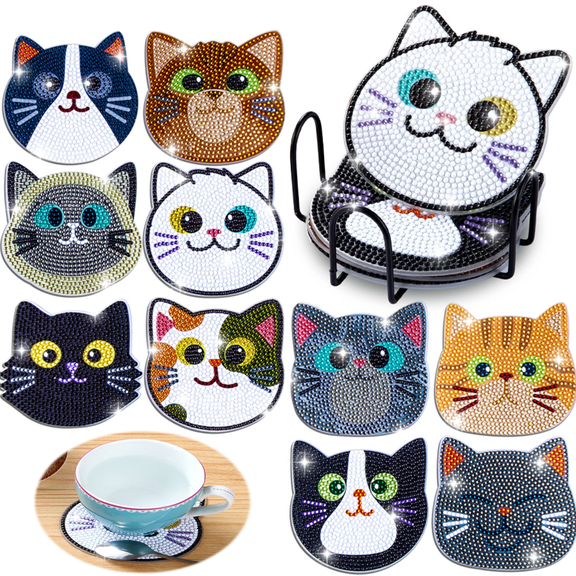 10Pcs Diamond Painting Coasters Set - Cat Theme Diamond Art Coasters Painting Kits, Arts and Crafts DIY Kits for Adults Teens Gift for Valentine's Day