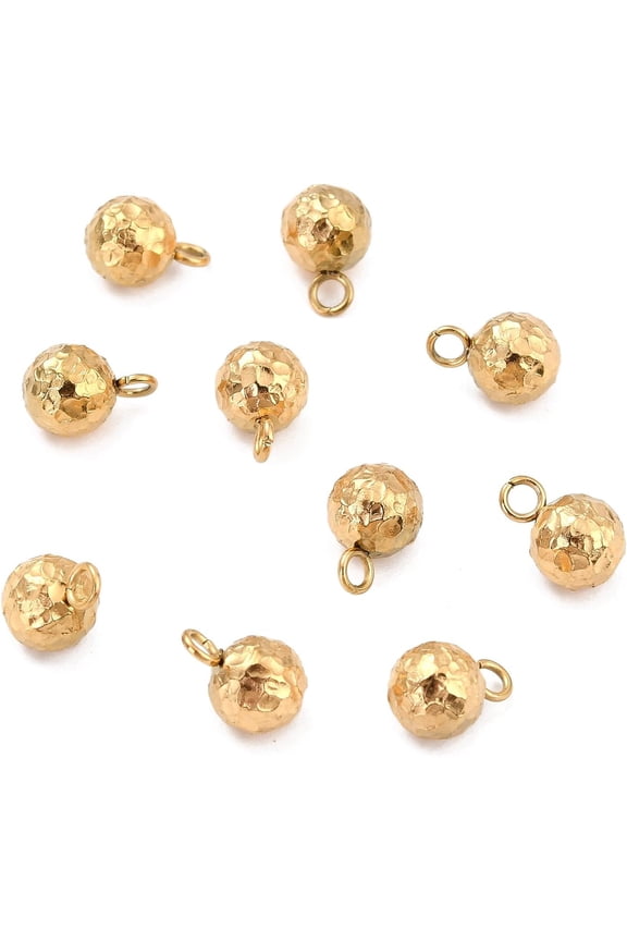 10Pcs Disco Ball Beads Real 18K Gold Plated Small Ball Charms 304 Stainless Steel Round Pendants 9x6mm Tiny Metal Bumpy Ball Charms with 1.8mm Hole Ideal