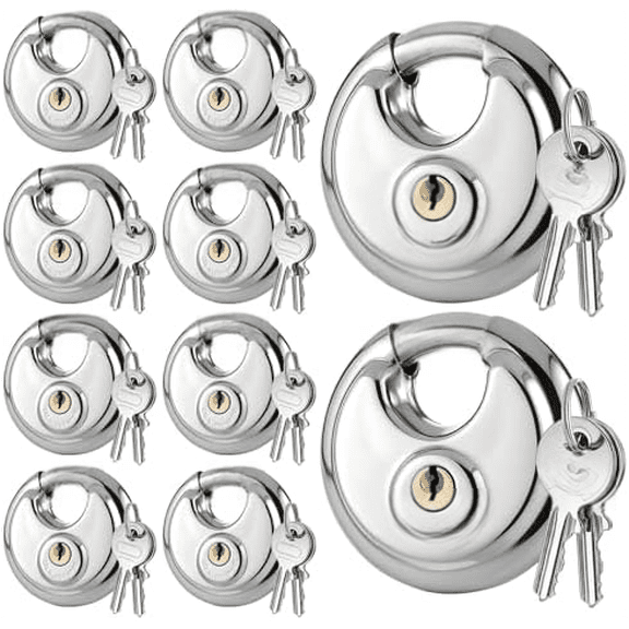 10Pcs Discus Padlocks with 20 Keys, 2-3/4 Inch Wide Body Stainless Steel Heavy Duty Locks Waterproof & Rustproof Lock with 3/8 Inch Shackle for Outdoor Use Storage Unit Sheds Garages