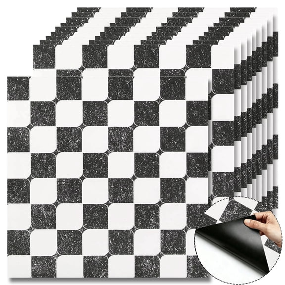 10Pcs Distressed Rounded Checkerboard Self-Adhesive Floor Tiles,12x12 In Cover 10 Sq.Ft,Self-Adhesive DIY Vinyl Flooring,Removable,Waterproof & Anti-Slip,for Bathroom,Kitchen,Walls,Bedroom,Stairs