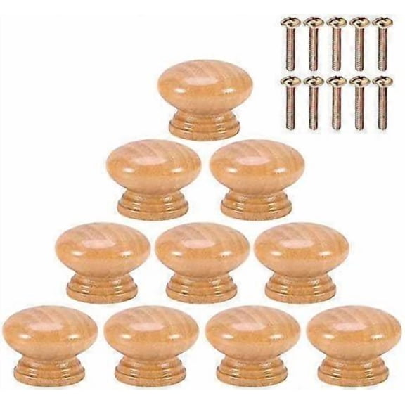 10Pcs Door Knob Handle Natural Wood Knobs Round Mushroom Cabinet Cupboard Knob Pulls with Screws S/M/L(28MM)