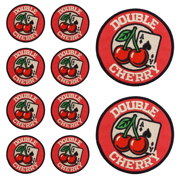 10Pcs "Double Cherry" Cherry & Spade Ace Card Embroidered Patch with Hook and Loop Backing, Retro Lucky Applique Badge for Vests, Jackets, Backpacks, and Clothing