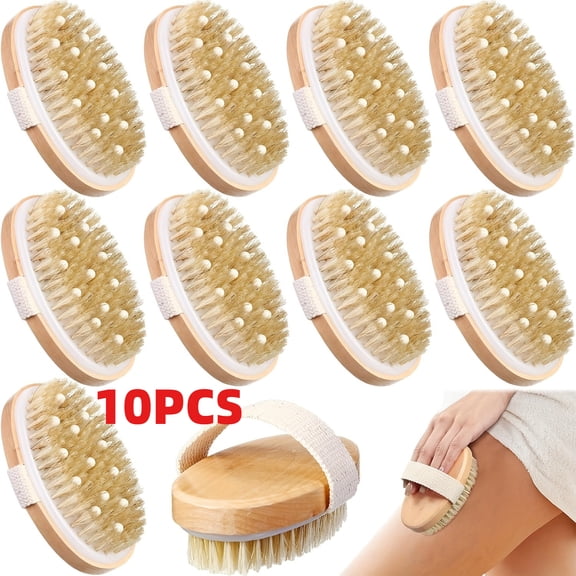 10Pcs Dry Brushing Body Brush for Lymphatic Drainage, Light Beige Bristle Hair Exfoliating Tool with Massage Nodes, Circulation Booster for Back Legs Feet Shower, Home Spa and Sauna Accessories