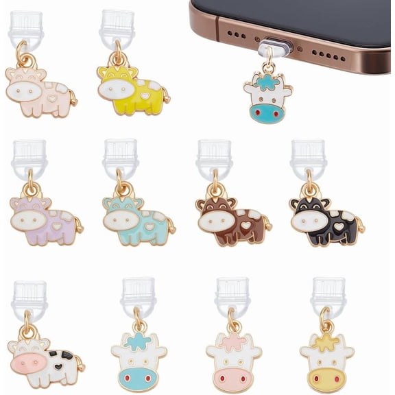 10Pcs Dust Plug Charm 1.2 Inch Long Anti Dust Plugs Mobile Dustproof Plugs USB C Port Caps Protector with Alloy Enamel Cow Pendants Phone Pendants Accessory