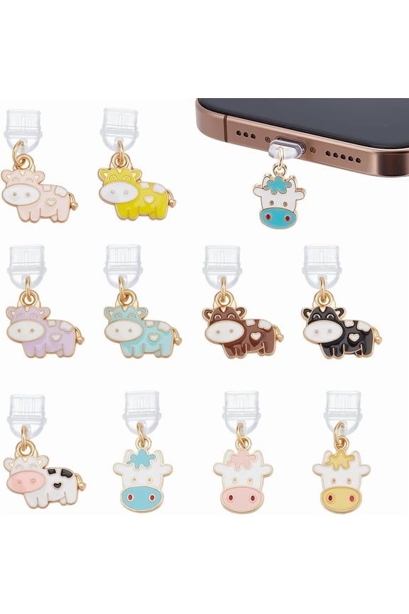 10Pcs Dust Plug Charm 1.2 Inch Long Anti Dust Plugs Mobile Dustproof Plugs USB C Port Caps Protector with Alloy Enamel Cow Pendants Phone Pendants Accessory for Most Type C Phone 1set