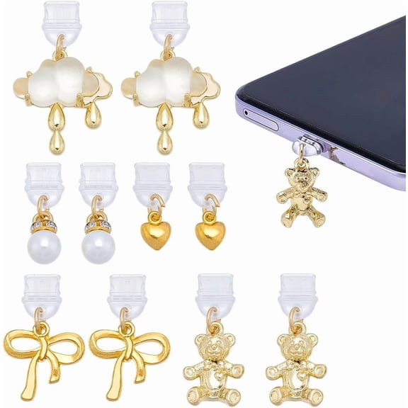 10Pcs Dust Plug Charms Mobile Dustproof Plugs with Pendants Type C Dust Plug Charm for Most Type-C Phone Gold DIY