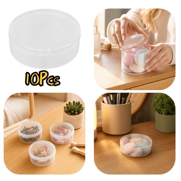 10Pcs Dustproof Round Plastic Organizer Box, Hinged Clear Lid Small Storage Container, Multi-Purpose Travel Case for Beauty Sponges, Press On Nails, Hair Barrettes & Tiny Makeup Supplies