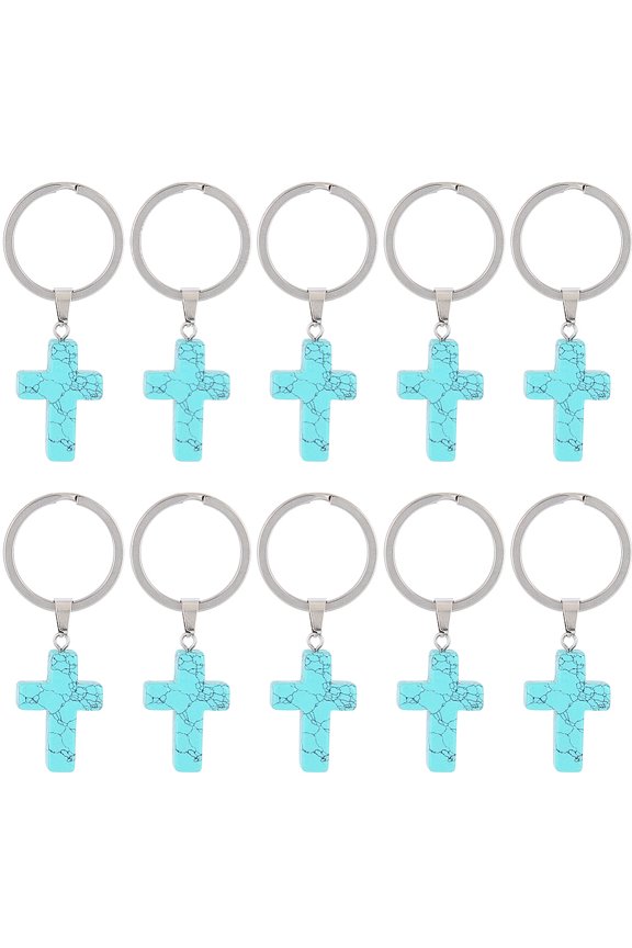 10Pcs Dyed Turquoise Keychain with 304 Stainless Steel Split Key Rings 5.6cm 37.5x18x5.5mm