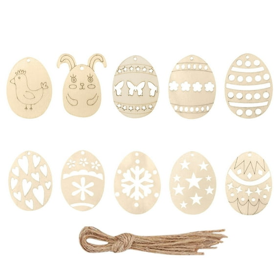 10Pcs Easter Egg Wooden Pendants With Ropes, Unfinished Egg Shaped Cutouts Ornaments For Easter Diy Crafts Party Home Decorations, 8X6Cm Beige Wood Slices With Pre-Cut Holes, Diy