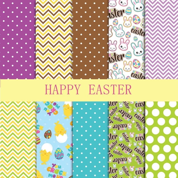 10Pcs Easter Fabric Bundles, 10x10inch Assorted 10 Patterns Bunny Chicken Printed Patchwork Fabric Squares Material for Quilting Sewing DIY Craft Projects(C)