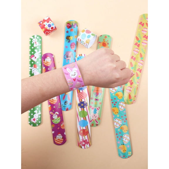 10Pcs Easter Slap Bracelets, Easter Bunny Egg Chick Pattern Clap Wristbands, Easter Party Favors & Gift Bag Fillers, Easter Egg Hunt Supplies, Holiday Decorations for Home Party Celebration