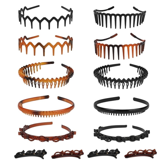 10Pcs Elastic Tooth Headband with 4Pcs Clips, Zig Zag Headbands Non Slip Hair Bands for Women Girls, Wavy Sharks Tooth Hair Comb for Men, Ladies (6 Styles, Black and Brown)