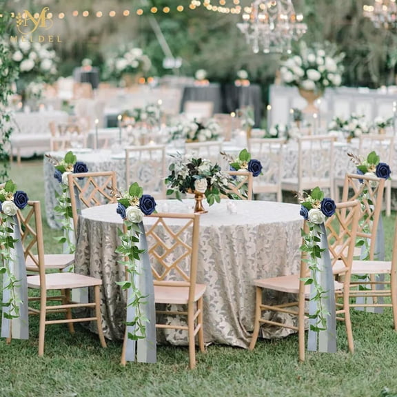 10Pcs Elegant Wedding Chair Back Decorations with Blue White Rose Flowers Garland and Ribbons for Ceremony Reception Party Outdoor Seating Arrangements