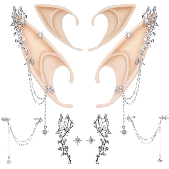 10Pcs Elf Ears Jewelry-Fairy Earrings, Rhinestones Elf Ears Accessories with Cutout Butterfly Ear Clips and Starburst Tassel Earrings, Gold & Silver for Party, Cosplay, Photography