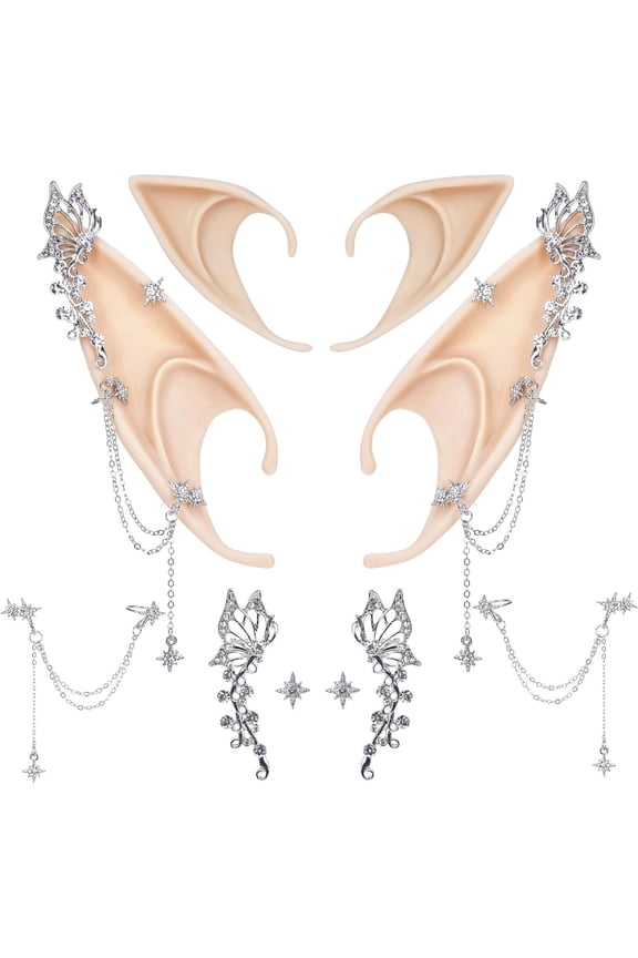 10Pcs Elf Ears Jewelry-Fairy Earrings, Rhinestones Elf Ears Accessories with Cutout Butterfly Ear Clips and Starburst Tassel Earrings, Gold & Silver for Party, Cosplay, Photography