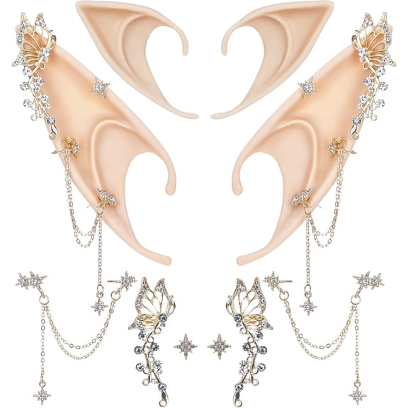 10Pcs Elf Ears Jewelry-Elf Earrings, Fairy Earrings, Rhinestones Elf Ears Accessories with Cutout Butterfly Ear Clips and Starburst Tassel Earrings, Gold & Silver, for Party, Cosplay, Photography