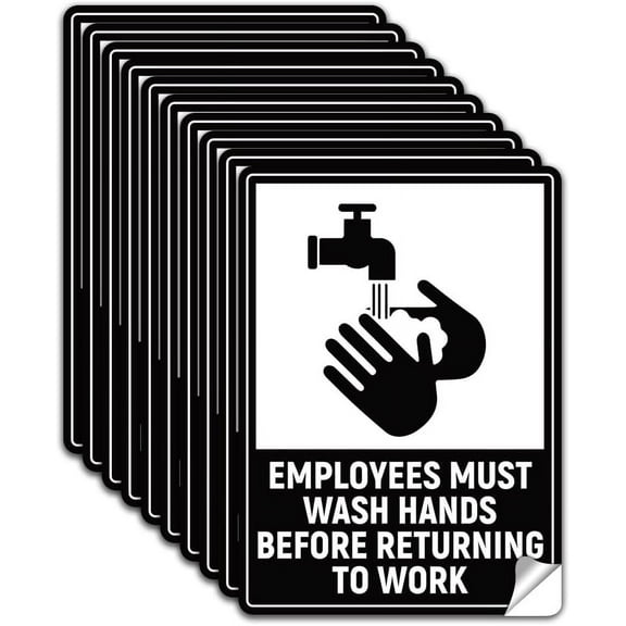 10Pcs Employees Must Wash Hands Before Returning to Work Sign Sticker PVC Waterproof Employees Must Wash Hands Warning Stickers Decal Self Adhesive Sign for Indoor 5.1x7.1 Inch Black 1set