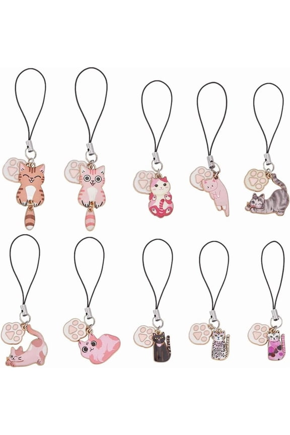 10Pcs Enamel Cat Charms 10 Style Alloy Cute Kitten Pendants Animal Pet Dangle Cartoon Pendants for Mobile Straps Necklace Bracelet Earrings Keychain DIY Craft Jewelry Making Supplies