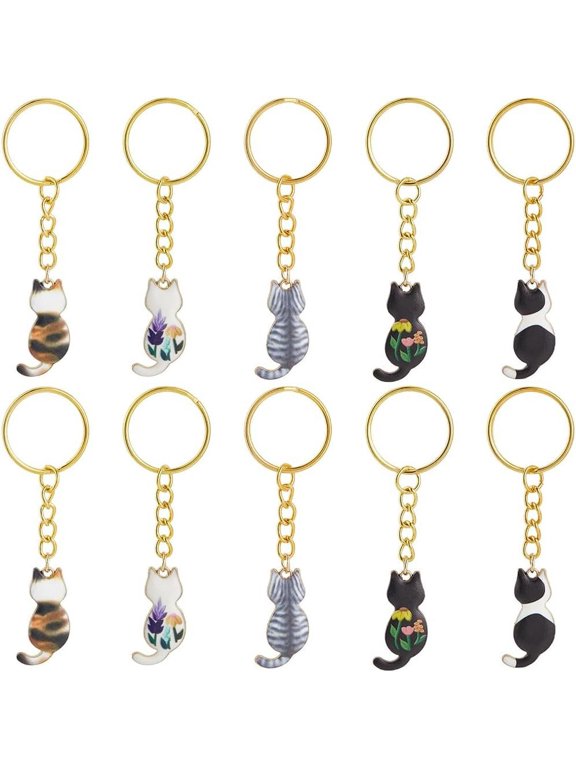 10Pcs Enamel Cat Keychain Pet Keychain Bulk 5 Styles Colorful Small Mini Alloy Kitty Metal Keyrings Hanging Pendant Keychains Favors DIY Women Decoration Mixed Color