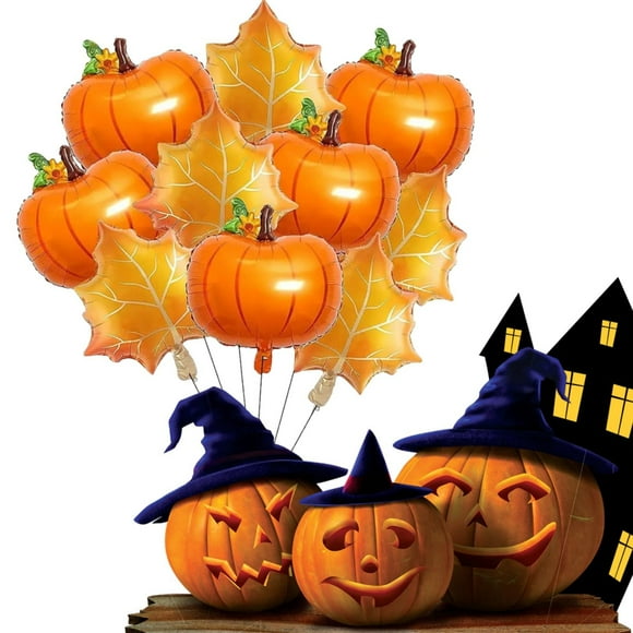 10Pcs Fall Balloons, Pumpkin Decorations, Maple and Pumpkin Foil for Fall Autumn Harvest Party Decoration, Maple Leaf Designs Orange Mylar Balloons, Autumn Theme Party