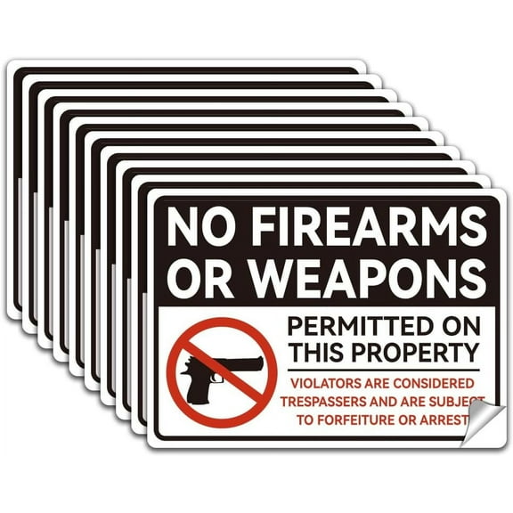 10Pcs No Firearms Or Permitted On This Property Sign Sticker No Allowed Sign Self-Adhesive Vinyl Decal Prohibited Sign Warning Stickers for Outdoors 7.08x5.12 Inch