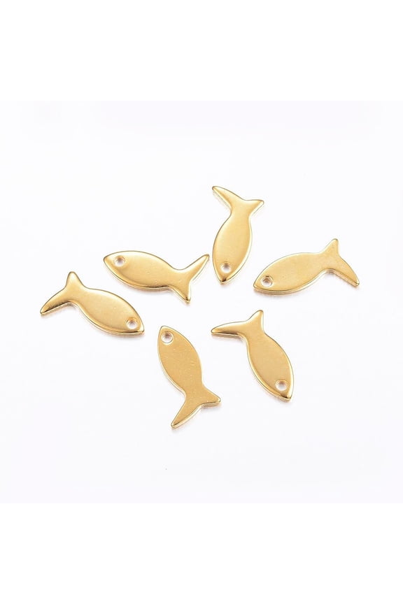 10Pcs Fish Charms 201 Stainless Steel Charms Real 24k Gold Plated for Women Birthday Festival Elegant Gifts Personalized Jewelry 12x7x1mm Hole: 1mm