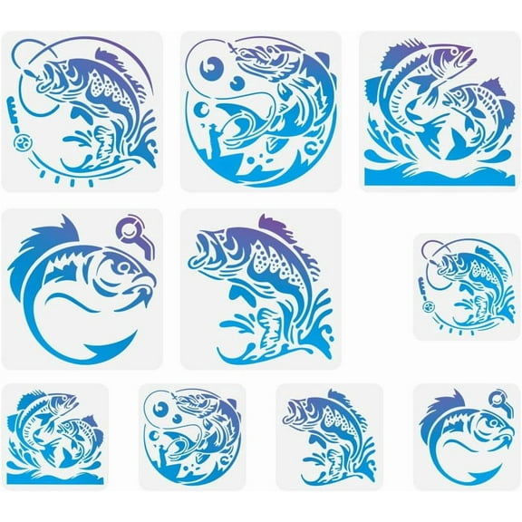 10Pcs Fish Wall Stencil Templates Reusable Plastic Fishing Stencils for Painting on Wood Wall Floor Fabric Glass Furniture Fish DIY Craft Stencils