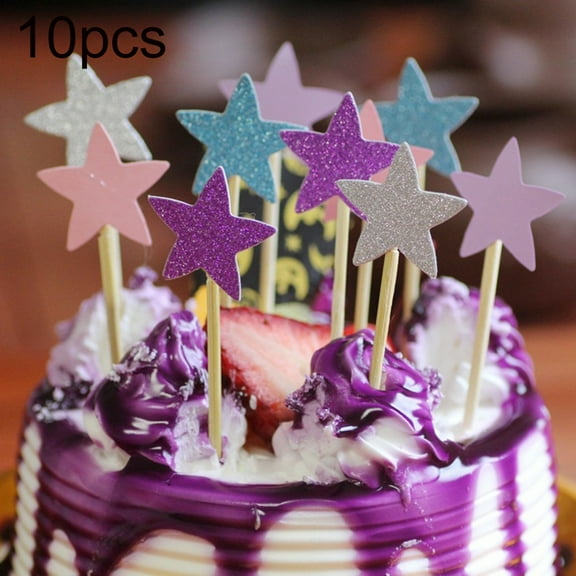 10Pcs Five-pointed Star Shaped Glitter Cake Topper Party Dessert Cupcake Decor Blue Paper