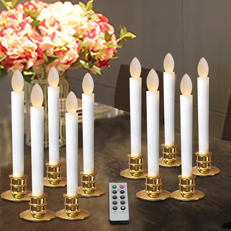 10Pcs Flameless Electric Taper Candles with Remote Control Timer, Flickering 3D Wick Effect Battery Operated LED Candlesticks for Christmas Windowsill Decor