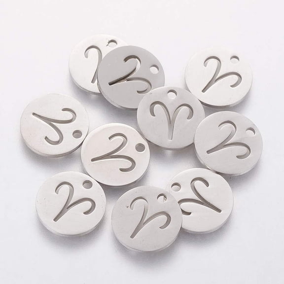 10Pcs Flat Round Aries Charms 12x1mm 304 Stainless Steel 12 Constellations Zodiac Pendants Aries Sign Pendants with 1.5mm Hole for Crafting and Accessories