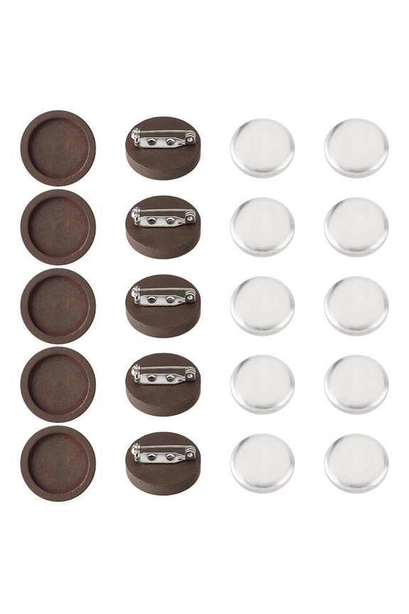 10Pcs Flat Round Brooch Pin Wood Brooch Bezel Trays with 18.5mm Aluminum Cabochons Embroidery Brooches DIY Blank Lapel Pin Making Kit for DIY Brooches Making 20mm Tray DIY