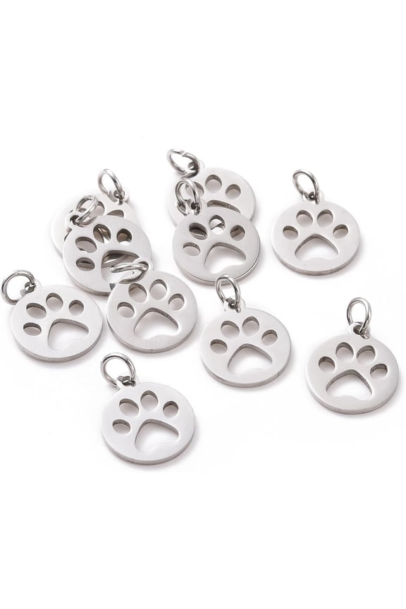 10Pcs Flat Round with Dog Paw Prints Charms 14x12x1mm 304 Stainless Steel Dog Paw Prints Charms Tiny Animal Footprint Pendants with 4mm Hole Stainless Steel Color Ideal for Making Jewelry DIY Silver