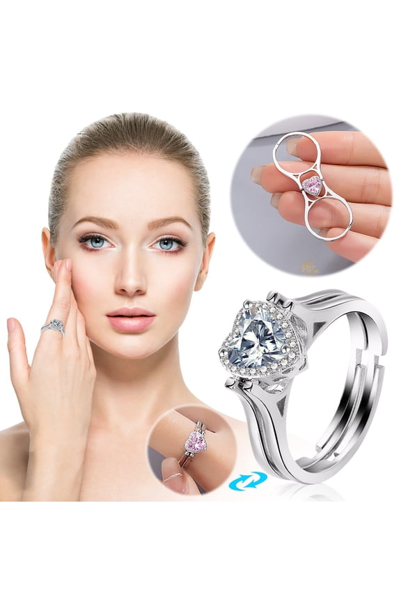 10Pcs Flip Heart Ring Vacemry Double Sided Flip Ring with Heart and Crystal Design, Copper Alloy Adjustable Statement Ring for Women, Fashion Jewelry Gift, Two Finger Ring, Unique Reversible Design