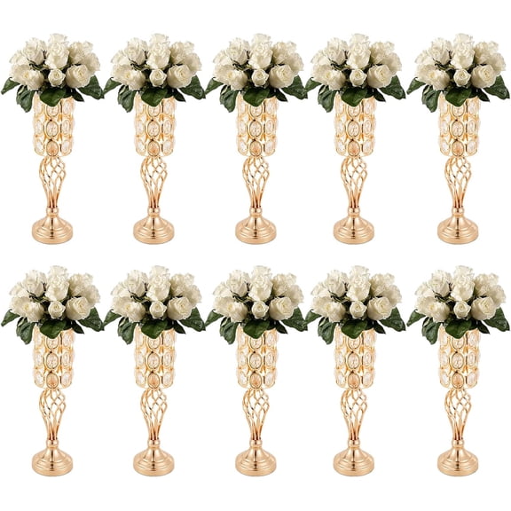 10Pcs Flower Stands Flower Vases Wedding Centerpieces with Crystal Beads Road Lead Metal Flower Holder for Reception Tables Wedding Anniversary Party Decor (Gold, 50CM)