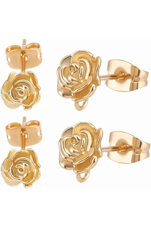 10Pcs Flower Stud Earring Findings 18K Gold Plated Rose Earring Studs with Loop 10Pcs Friction Ear Nuts for DIY