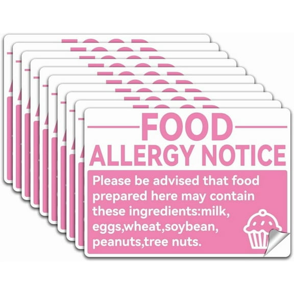 10Pcs Food Allergy Warning Label Decal Stickers Pink PVC Allergy Waterproof Sign Stickers 7.1x5.1 Inch Pink
