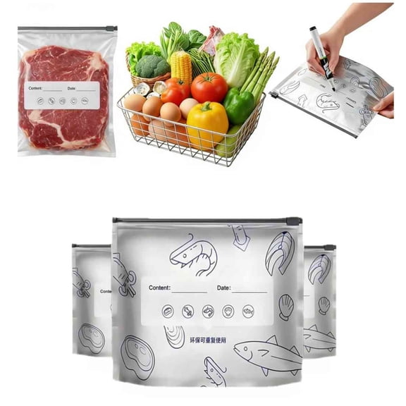10Pcs Food Storage Freezer Bags with Freezer Labels, 7.87 x 5.12in Reusable Zipper Gallon Bag Aluminum Foil Reclosable Freezer Kitchen Storage Bags for Food Organization Refrigerator Frige(3 Sizes)