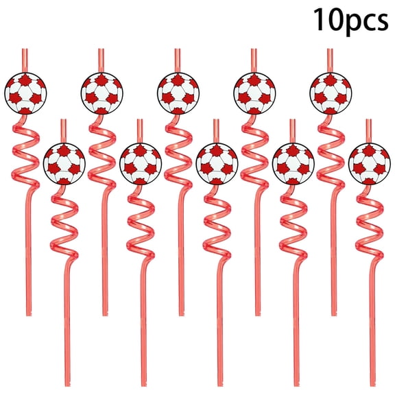 10Pcs Football Series Cartoon Spiral Straws, Reusable Plastic Twist Straws for Soccer Fans & Sports Party Supplies